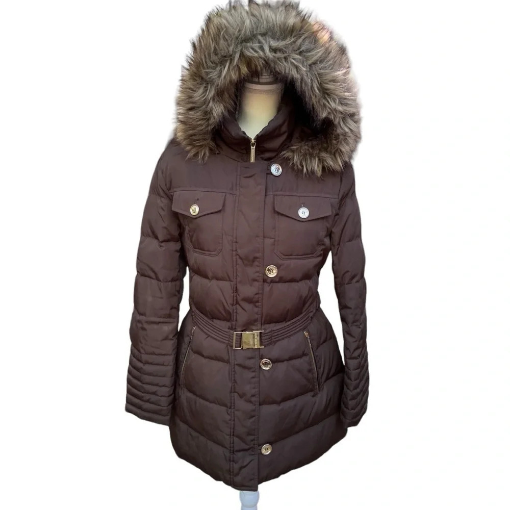 MICHAEL Michael Kors Chocolate Puffer Coat with Faux Fur Hood